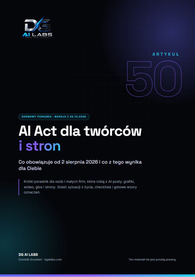 Okładka poradnika „AI Act dla twórców i stron” z napisem Artykuł 50