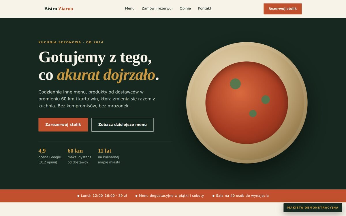 Makieta strony bistro — ciemna zieleń, krem i terakota