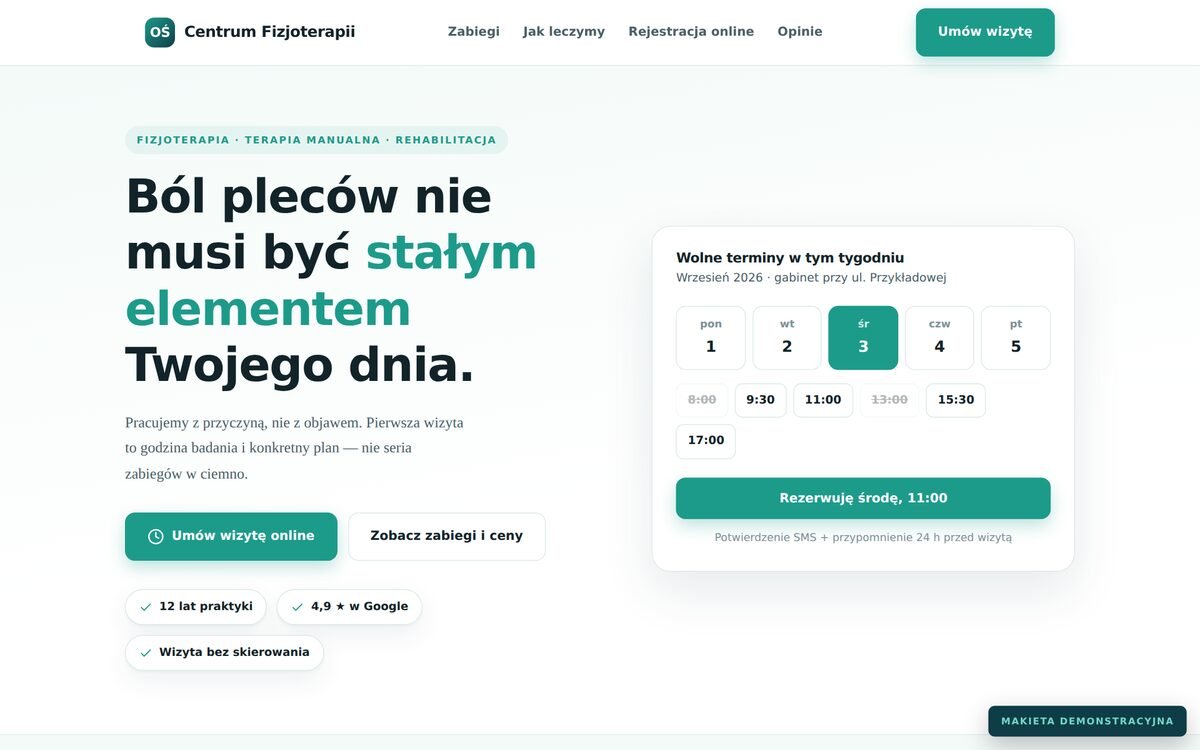 Makieta strony gabinetu fizjoterapii — biel i morska zieleń