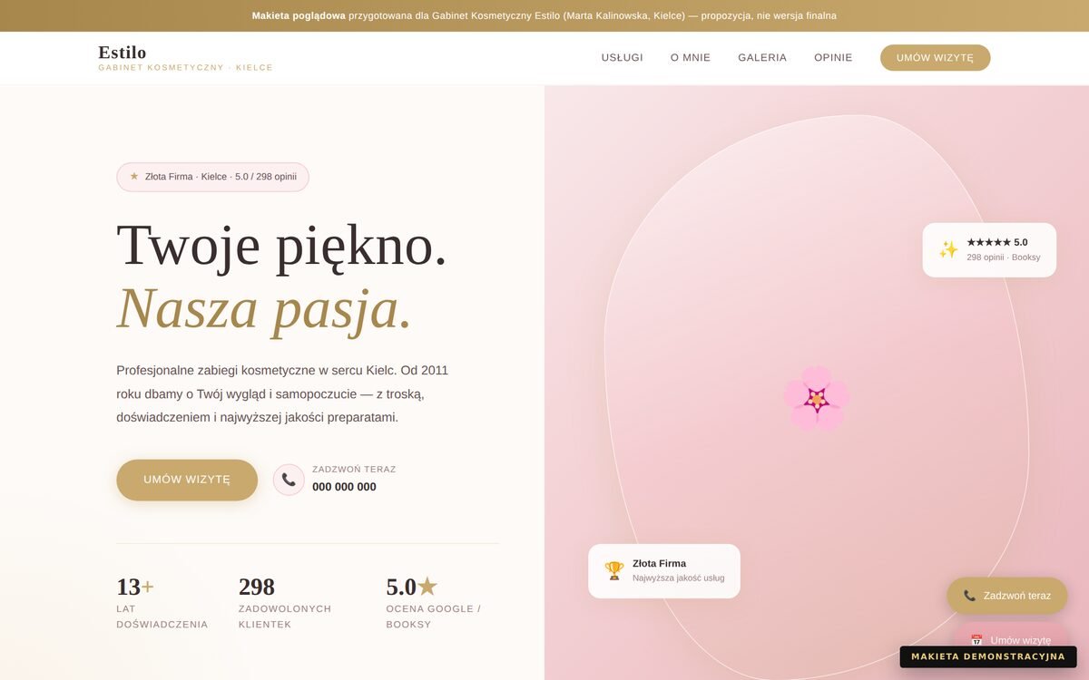 Makieta strony gabinetu kosmetycznego — róż, złoto i serif