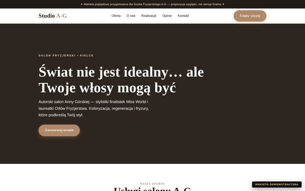Makieta strony salonu fryzjerskiego — beż i brąz