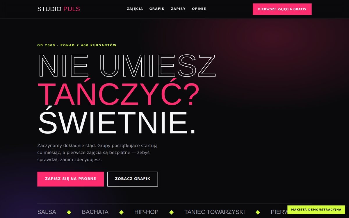 Makieta strony szkoły tańca — czerń, magenta i limonka