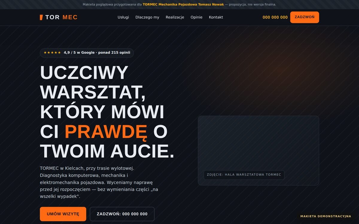 Makieta strony warsztatu samochodowego — grafit i pomarańcz