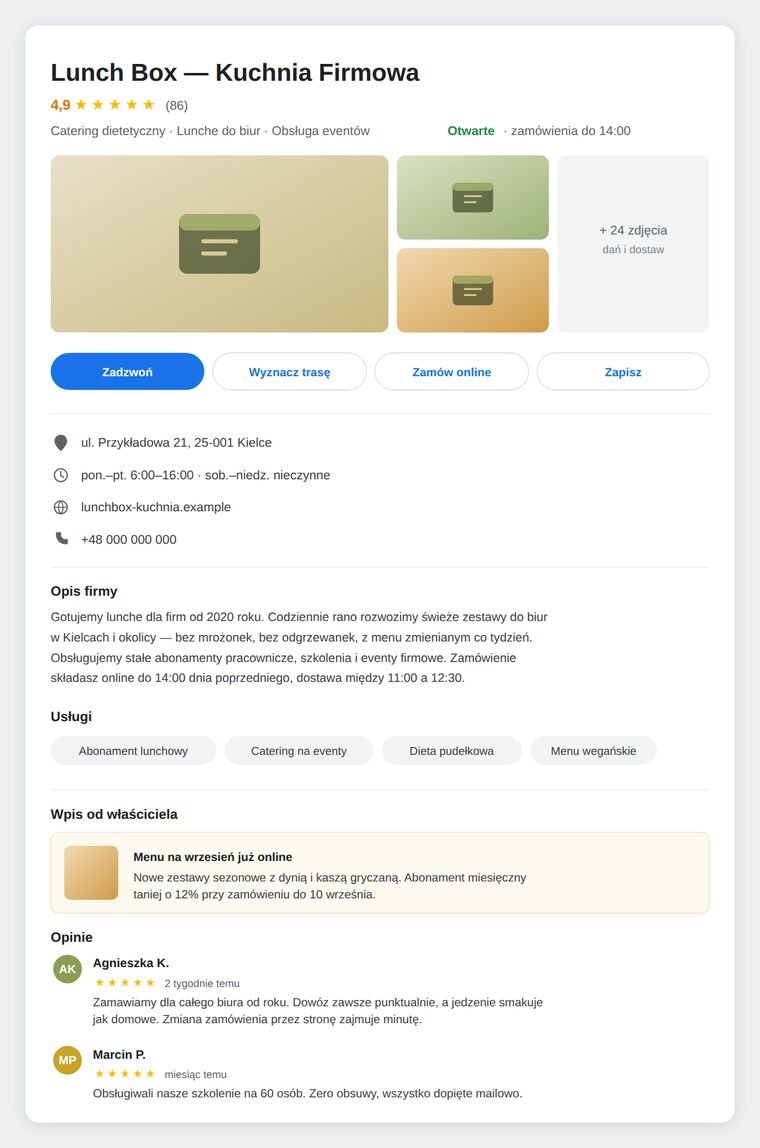 Makieta wizytówki Google dla firmy cateringowej