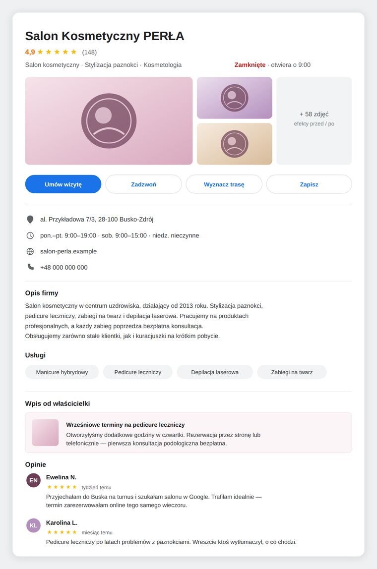 Makieta wizytówki Google dla salonu kosmetycznego