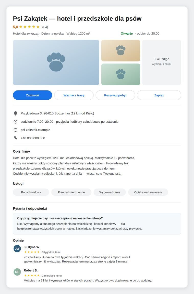 Makieta wizytówki Google dla hotelu dla psów